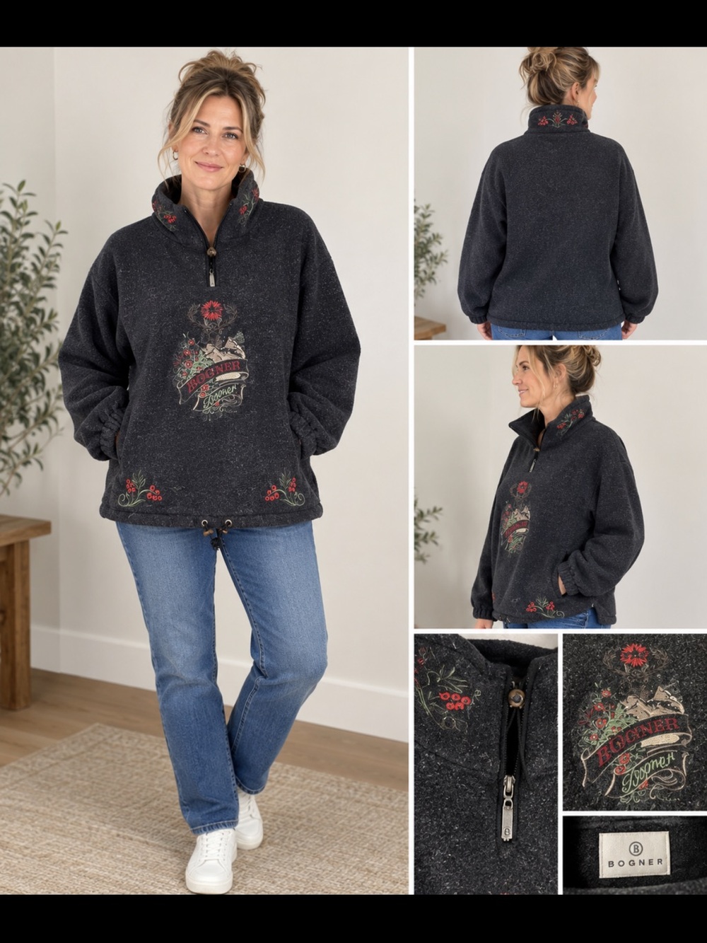 BOGNER Sweater Womens Oversized Medium Waldeslust Gray Fleece Embroidered